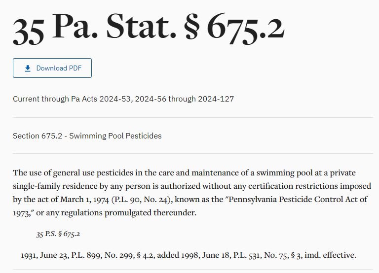Pennsylvania Pool Chemical Regulations Title 35 P.S. Health and Safety § 675.2